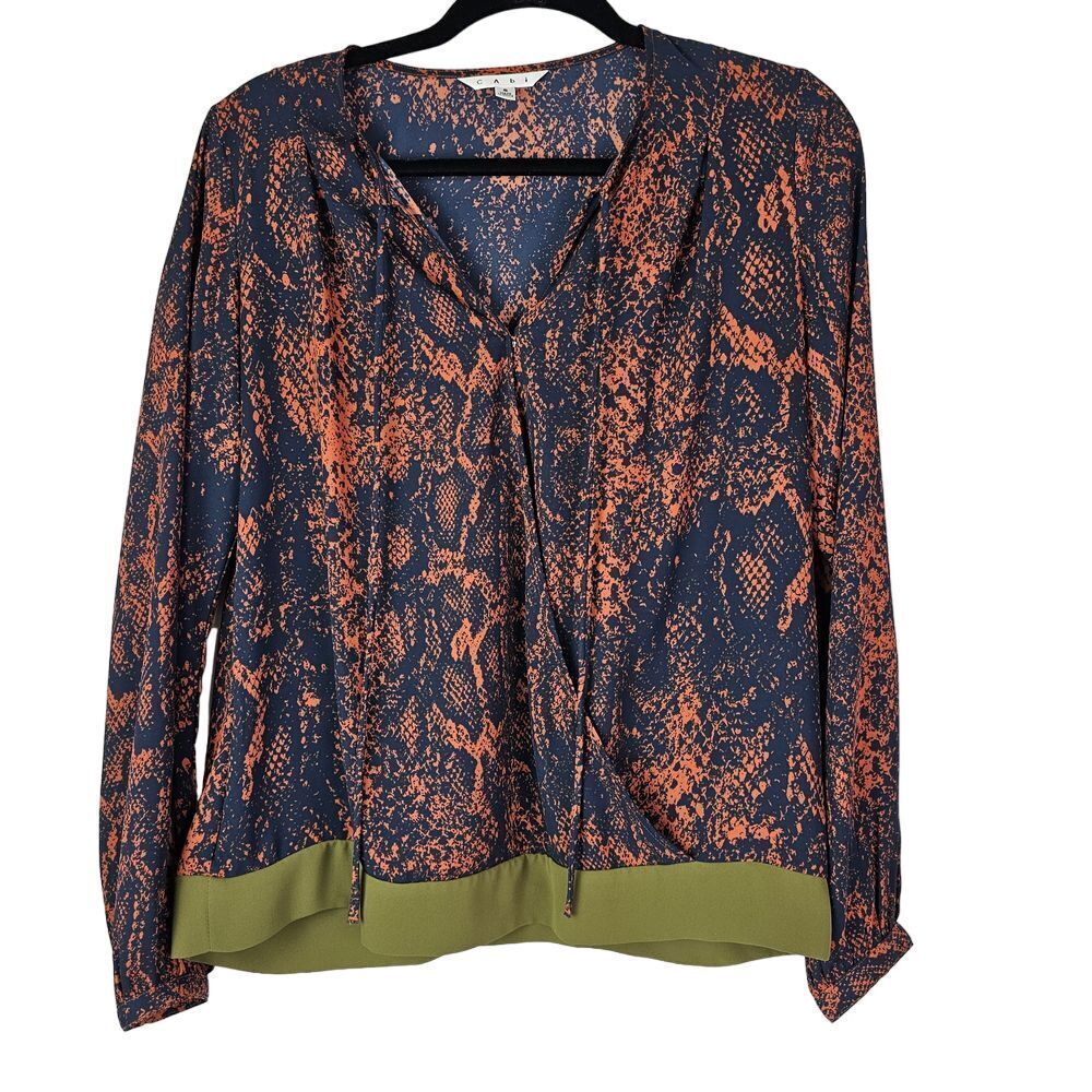 Cabi Women's Blue Green Snakeskin Print Crossover Blouse Size Small